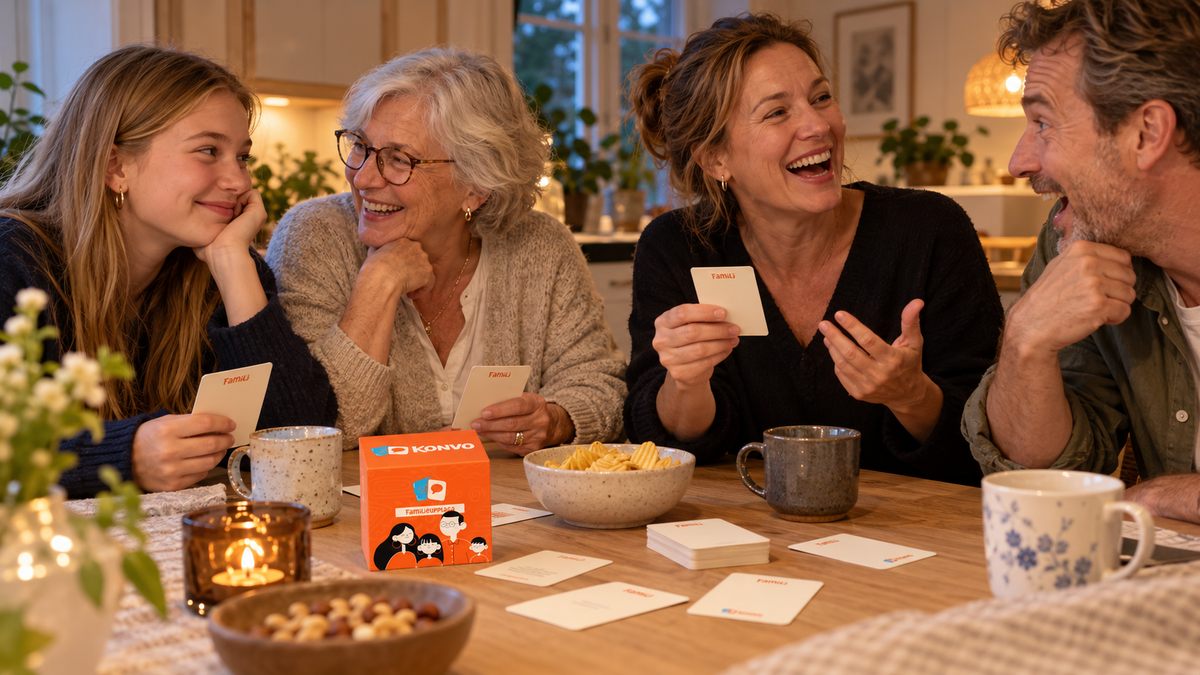 AI-genererad bild av tre generationer som skrattar tillsammans med Konvo Familj vid köksbordet